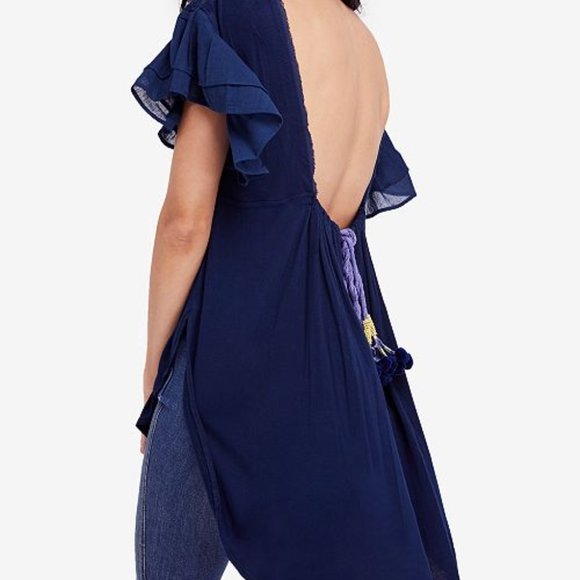 New $128 Free People Blue Fiesta Nueva Embroidered Open-Back Top Small - Picture 2 of 8